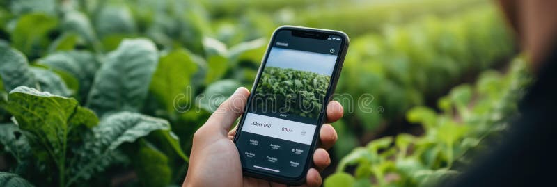 Farmer& x27;s grip on phone with crop health app: Close-up of AI& x27;s agricultural breakthrough royalty free stock photography