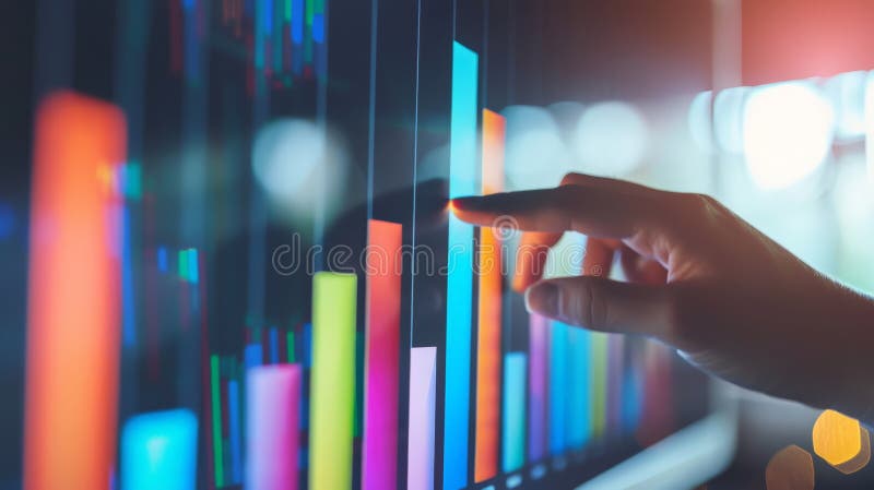 Finger pointing at colorful financial bar graphs on a screen. Vibrant data analysis and business growth concept. AI generated