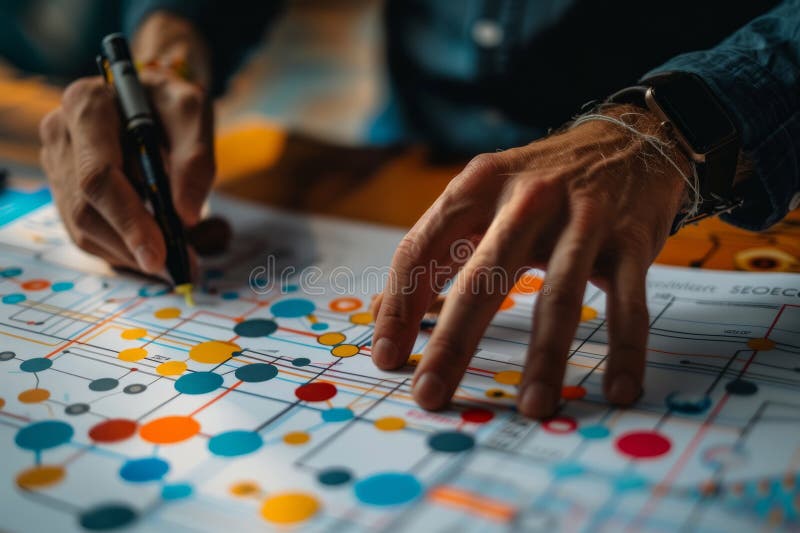 Focused view of a businessman marking a complex project plan, symbolizing thorough data analysis for crafting effective business strategies. AI generated. Focused view of a businessman marking a complex project plan, symbolizing thorough data analysis for crafting effective business strategies. AI generated