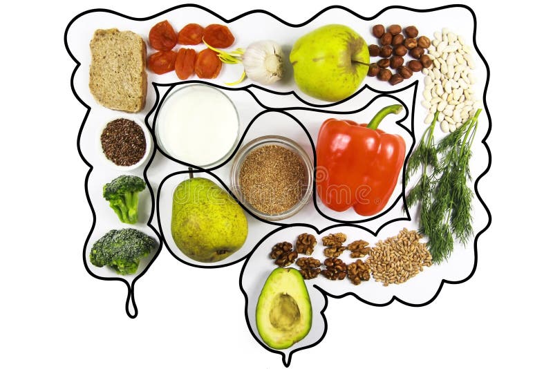 Food for bowel Health. Kefir, Bifidobacteria, greens, apples, fiber, dried fruits, nuts, pepper, whole bread, cereals broccoli flax seed isolate on a white background. Food for bowel Health. Kefir, Bifidobacteria, greens, apples, fiber, dried fruits, nuts, pepper, whole bread, cereals broccoli flax seed isolate on a white background