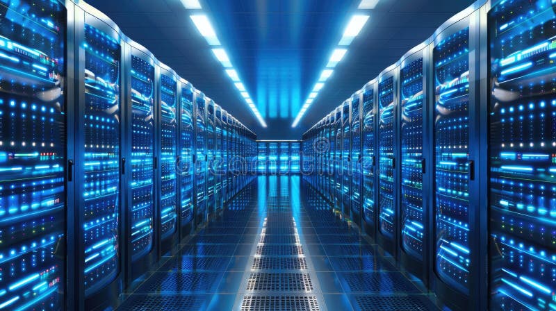 Futuristic 3D server hub: advanced data servers lined up in a high-tech room, illuminated by blue LED lights, embodying stock photo