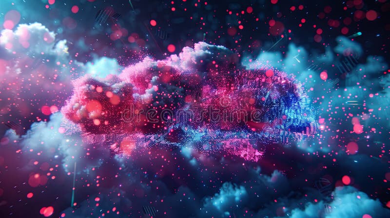 Futuristic digital art shows cloud computing with data and AI elements in a dynamic, abstract design, symbolizing modern stock photography