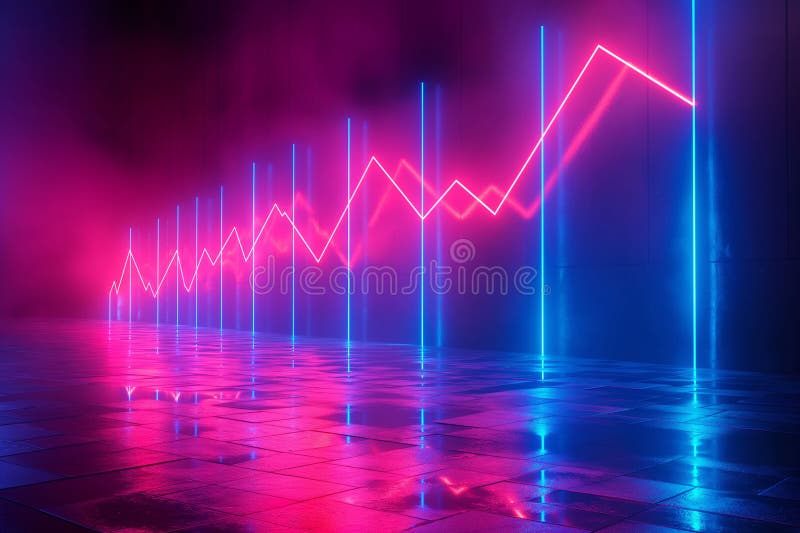 A futuristic graph of stock market trends glowing in intense pink and blue, set against a sleek, reflective surface royalty free stock image
