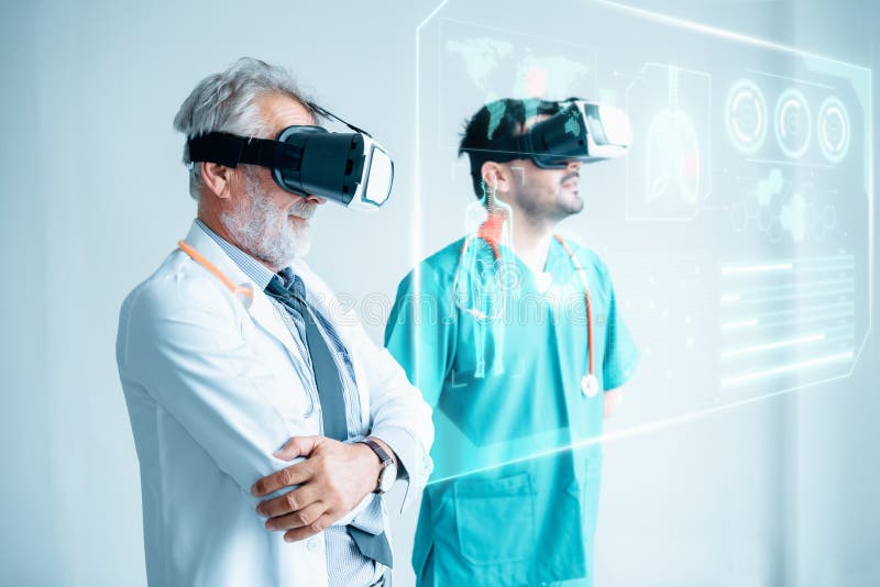 Futuristic Medical Diagnose Through Virtual Reality Glasses Simulator and Screen Interactive, Doctor Team Disease Diagnosis royalty free stock photo