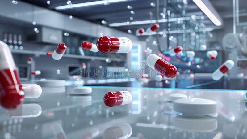 Futuristic Pharmaceutical Laboratory with Floating Capsules - Generative AI stock photo