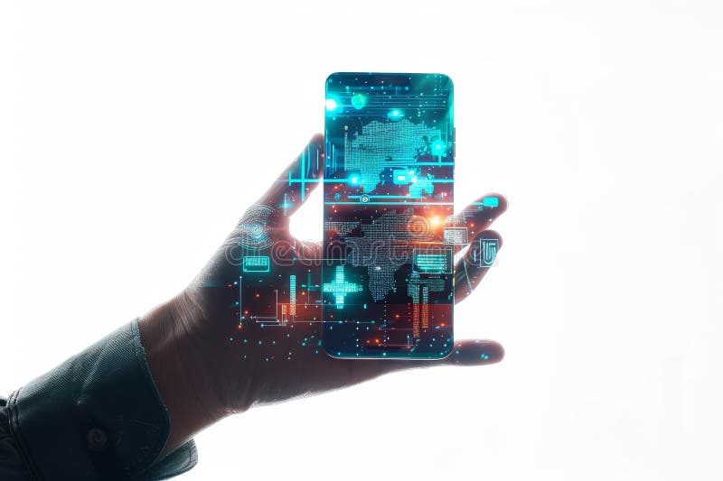Futuristic smartphone floating above a hand with digital overlays and interfaces stock photography