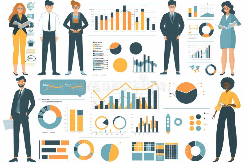 A group of professionals stands amongst a variety of financial charts and graphs, representing business analytics and market research. AI generated. A group of professionals stands amongst a variety of financial charts and graphs, representing business analytics and market research. AI generated