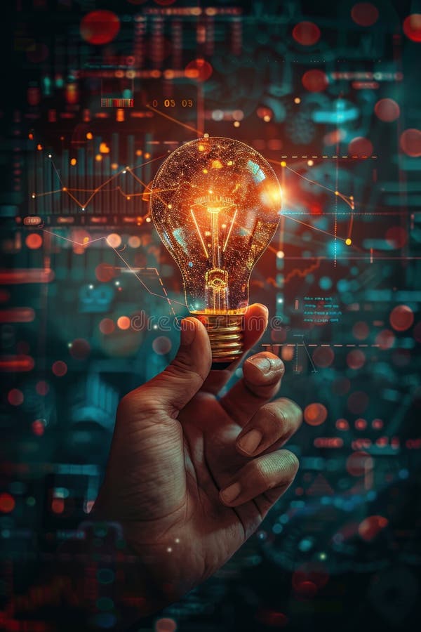 A hand holds a glowing lightbulb against a backdrop of colorful data visualizations. The bulb represents a bright idea or stock image