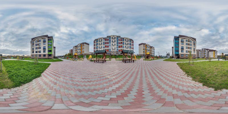 360 hdri panorama near playground in middle of modern multi-storey multi-apartment residential complex of urban development in royalty free stock image