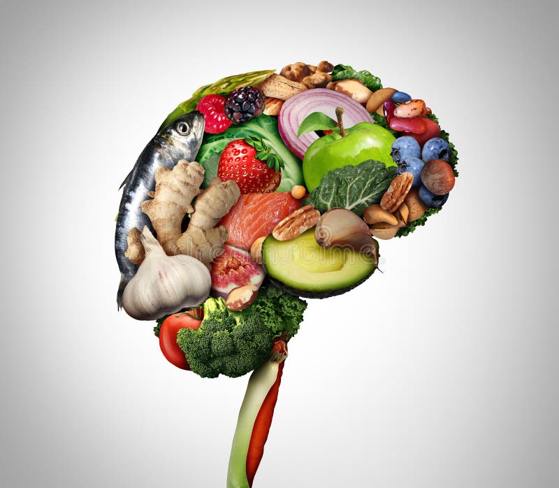 Healthy brain food to boost brainpower nutrition concept as a group of nutritious nuts fish vegetables and berries rich in omega-3 fatty acids for mind health as a composite image