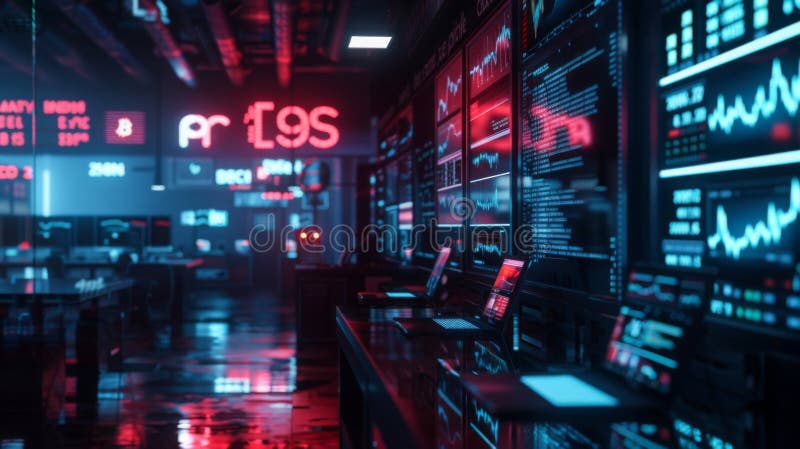 A modern network operations center illuminated by screens and neon lights, showcasing data analytics in progress. AI generated. A modern network operations center illuminated by screens and neon lights, showcasing data analytics in progress. AI generated