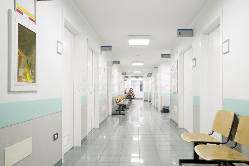 Hospital indoor, hallway and seats. Hospital indoor, hallway and seats