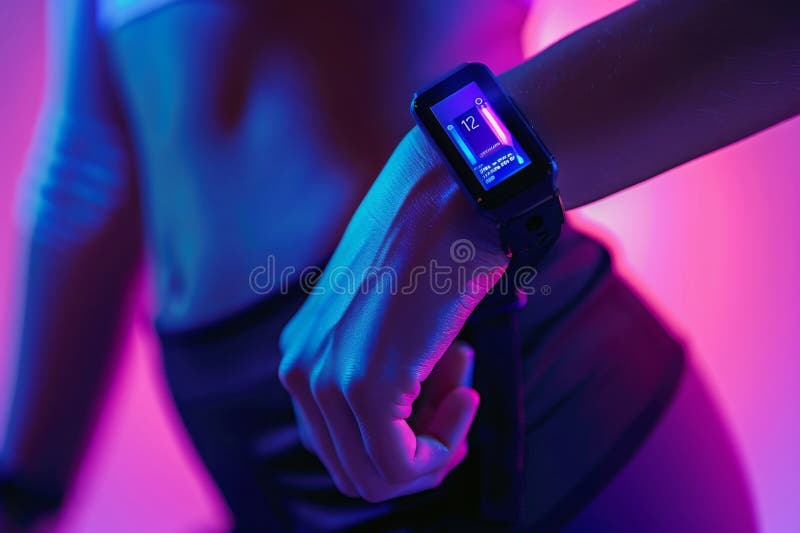 This image features a close-up view of a black fitness bracelet with a digital display, worn on a person&#x27;s wrist, illuminated by vibrant neon lights creating a modern and energetic atmosphere. AI generated. This image features a close-up view of a black fitness bracelet with a digital display, worn on a person&#x27;s wrist, illuminated by vibrant neon lights creating a modern and energetic atmosphere. AI generated