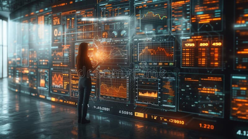 An image of a person standing in front of a large screen surrounded by screens floating in midair. Each screen displays different financial metrics such as stock prices market AI generated