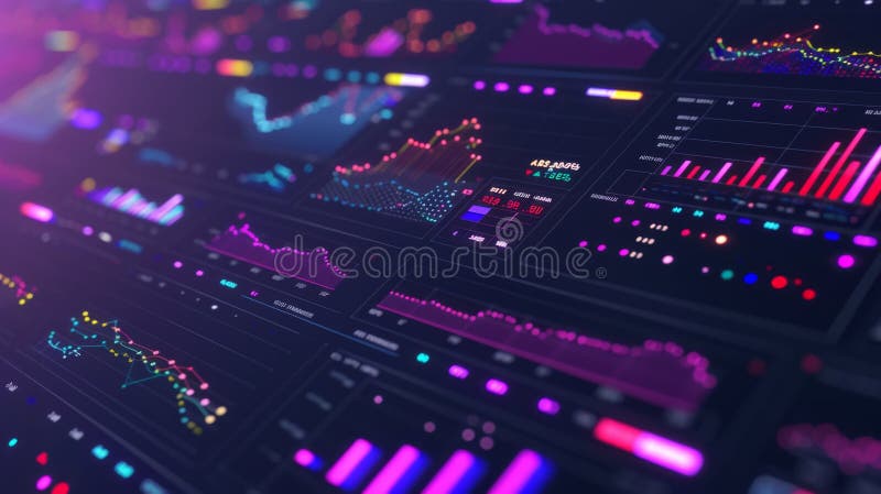 This image showcases a vibrant and dynamic representation of financial data visualization. With colorful charts and graphs set against a dark background, it highlights various financial metrics and trends. Perfect for illustrating concepts in data science, finance, and technology. AI generated. This image showcases a vibrant and dynamic representation of financial data visualization. With colorful charts and graphs set against a dark background, it highlights various financial metrics and trends. Perfect for illustrating concepts in data science, finance, and technology. AI generated