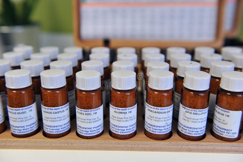 Ljubljana, Slovenia (Europe). 13 Feburary 2012. Homeopathic drugs in little bottles. royalty free stock image