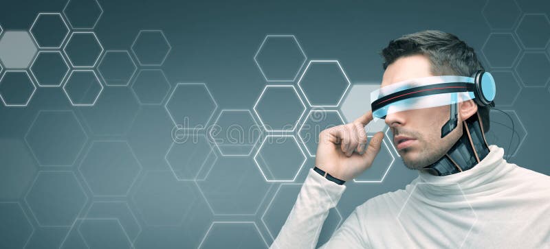 Man with futuristic 3d glasses and sensors royalty free stock photo