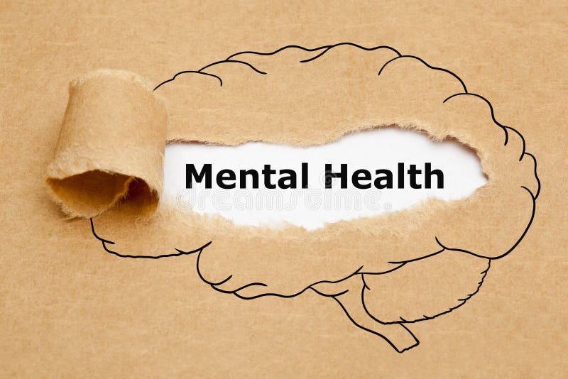 Text Mental Health appearing behind torn brown paper with drawn human brain on it. Text Mental Health appearing behind torn brown paper with drawn human brain on it