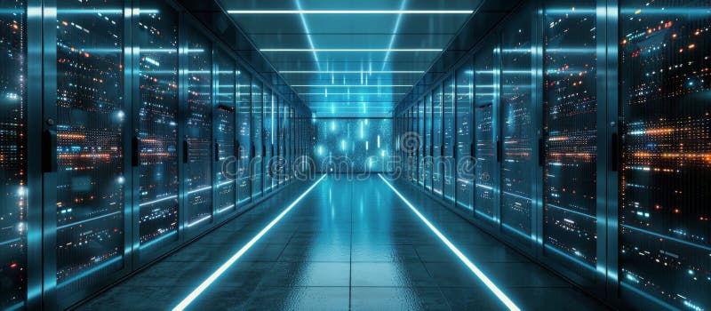 Modern Data Center Server Room With Blue Neon Lights royalty free stock photos