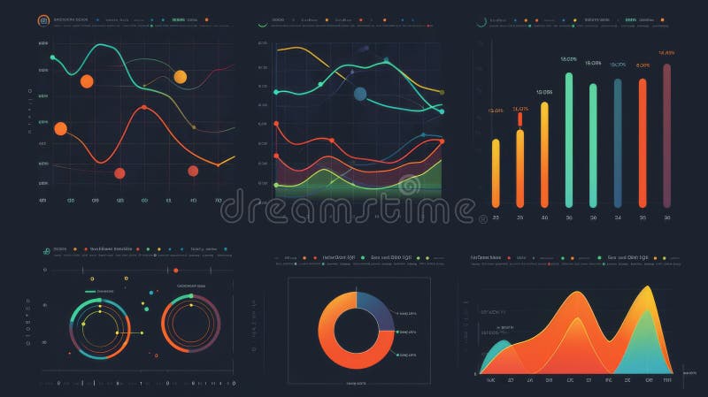 A detailed data visualization dashboard with multiple graphs and charts, showcasing trends and metrics in a sleek, modern layout. AI generated. A detailed data visualization dashboard with multiple graphs and charts, showcasing trends and metrics in a sleek, modern layout. AI generated