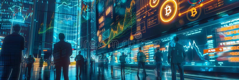Modern finance trading with glowing screens displaying cryptocurrency and stock market data. Advanced tech in use royalty free stock images