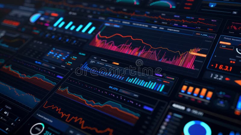 Multiple screens displaying a variety of graphs, charts, and data analytics. AI generated. Multiple screens displaying a variety of graphs, charts, and data analytics. AI generated