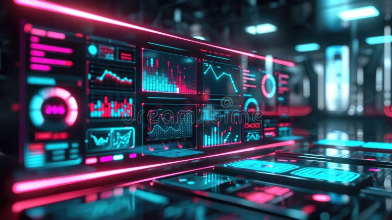 A neon dashboard with customizable elements that light up and display various data sets upon selection royalty free stock image