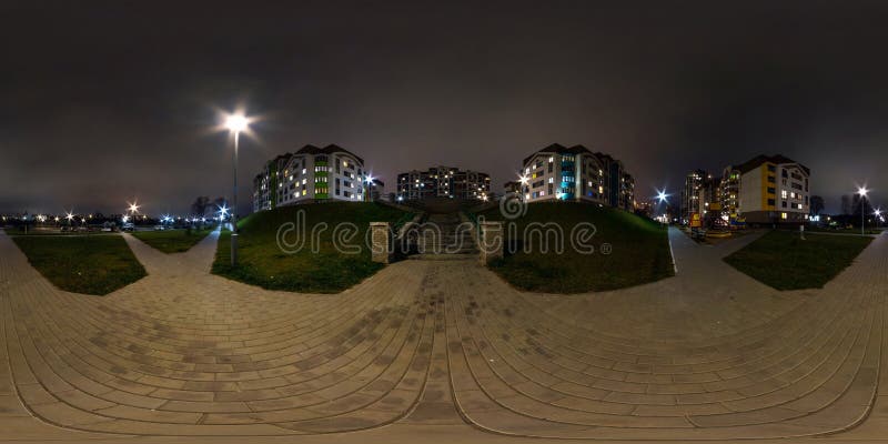 night 360 hdri panorama near concrete stairs in middle of modern multi-storey multi-apartment residential complex of urban royalty free stock photo