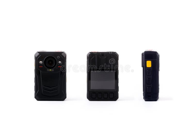 Officer body cam. Personal Wearable Video Recorder, Portable DVR, camera isolated on white background. Closeup, front view, back royalty free stock photography