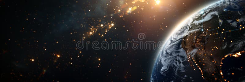 Partial view of Earth with glowing networks and light particles in space. Concept of global connectivity and royalty free stock photos