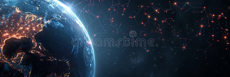 Planet Earth illuminated by city lights with network lines in outer space. Concept of global connectivity and royalty free stock photo