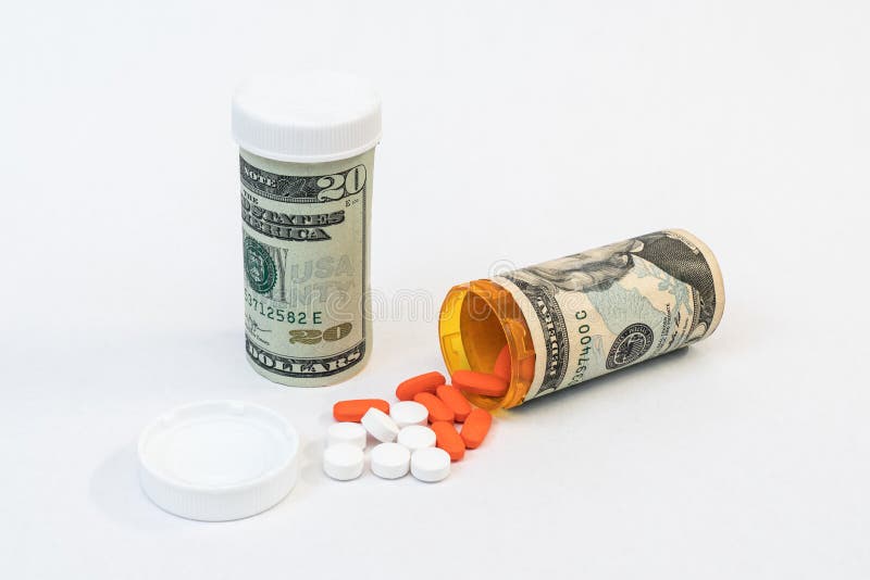 Prescription Medication Bottles and pills with wrapped in money signifying high cost. Prescription Medication Bottles and pills with wrapped in money signifying high cost.