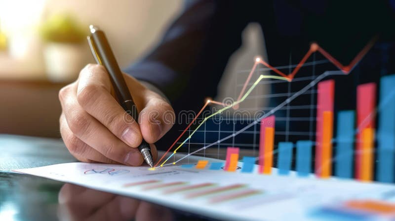 Professional analyzing data charts and growth with a pen in hand. Graphs showcasing business progress. AI generated. Professional analyzing data charts and growth with a pen in hand. Graphs showcasing business progress. AI generated