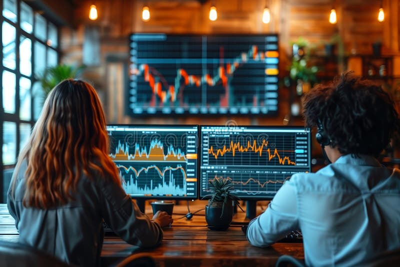 Two colleagues focused on financial analysis using graphs and statistics displayed on multiple screens AI generated. Two colleagues focused on financial analysis using graphs and statistics displayed on multiple screens AI generated