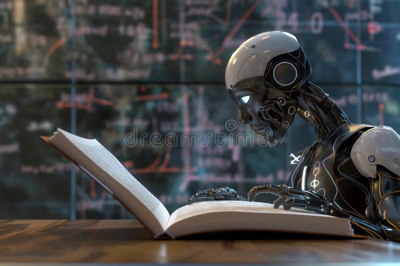robot reading book and solving math data analytics, concept of future mathematics artificial intelligence stock image