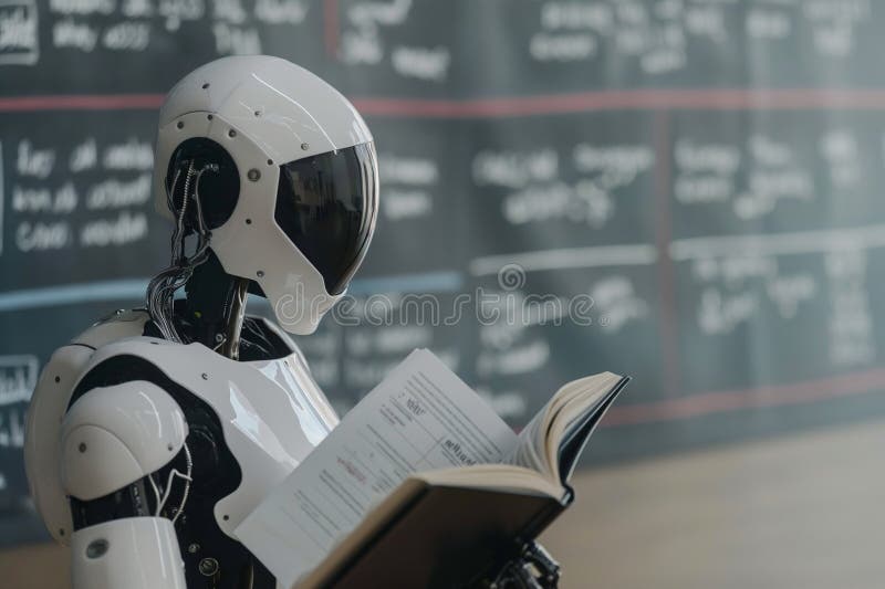 robot reading book and solving math data analytics, concept of future mathematics artificial intelligence royalty free stock images
