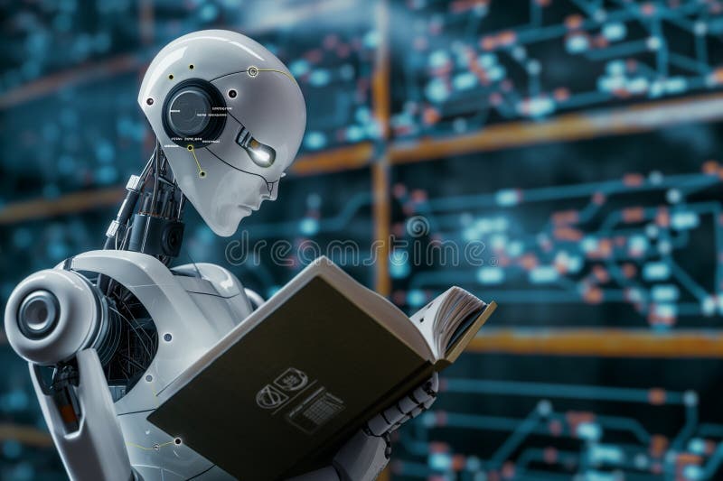 robot reading book and solving math data analytics, concept of future mathematics artificial intelligence royalty free stock image