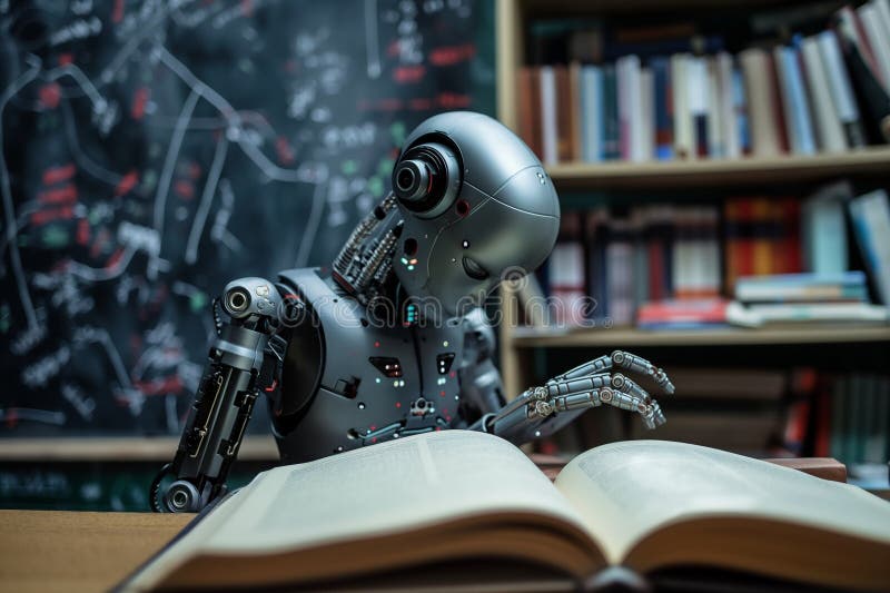 robot reading book and solving math data analytics, concept of future mathematics artificial intelligence stock images
