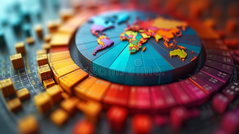 A sleek 3D pie chart displaying the distribution of imports and exports a different regions of the world. Each slice of stock illustration