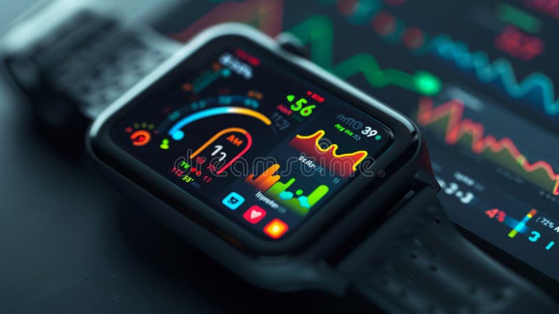 A smartwatch with a bright display showing health data, including heart rate, time, and other metrics. AI generated. A smartwatch with a bright display showing health data, including heart rate, time, and other metrics. AI generated