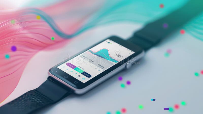 A smartwatch with a black band is lying on a white surface. The screen displays heart rate data in a graph, along with other health metrics. A colorful, blurred background adds a vibrant touch. AI generated. A smartwatch with a black band is lying on a white surface. The screen displays heart rate data in a graph, along with other health metrics. A colorful, blurred background adds a vibrant touch. AI generated