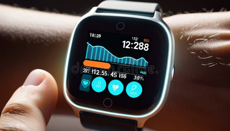 Close-up of a smartwatch on a wrist displaying fitness metrics, reflecting a modern approach to health monitoring. AI Generation. AI Generation AI generated. Close-up of a smartwatch on a wrist displaying fitness metrics, reflecting a modern approach to health monitoring. AI Generation. AI Generation AI generated