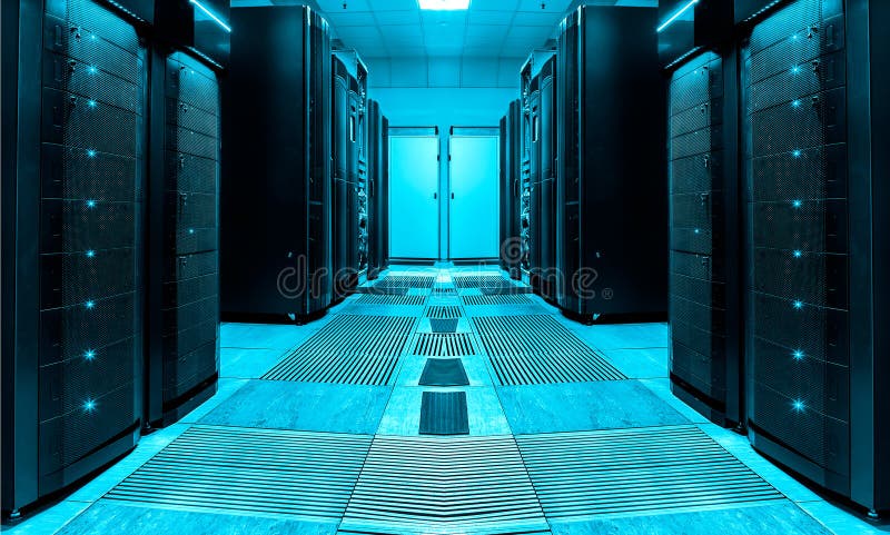Symmetric server room with rows of mainframes in modern data center, futuristic design royalty free stock image