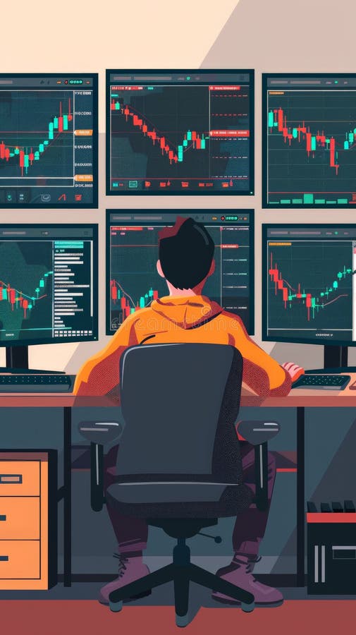 Trader focused on screens displaying fluctuating stock data, in a contemporary trading environment. royalty free stock photos