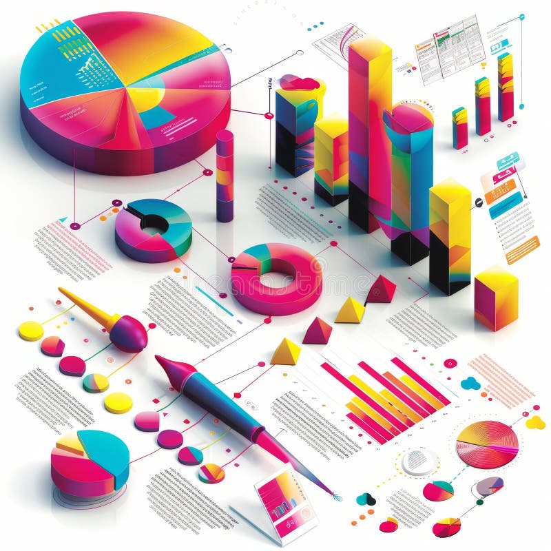 An array of vibrant 3D bar graphs, pie charts, and data points, symbolizing dynamic and engaging statistical analysis and reporting. AI generated. An array of vibrant 3D bar graphs, pie charts, and data points, symbolizing dynamic and engaging statistical analysis and reporting. AI generated