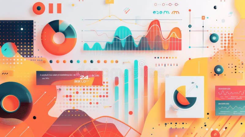 Vibrant digital dashboard with various financial graphs and colorful metrics. Perfect for business presentations and strategic planning. AI generated