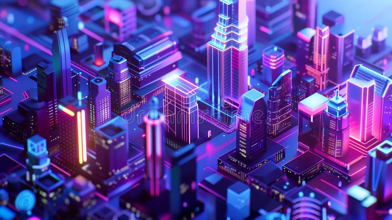Vibrant digital illustration of a futuristic smart city with hightech infrastructure and glowing neon lights on a royalty free stock photos