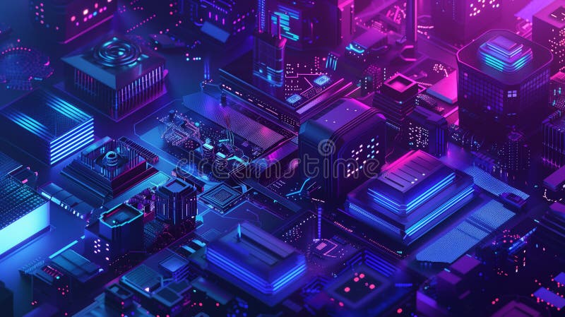 Vibrant digital illustration of a futuristic smart city with hightech infrastructure and glowing neon lights on a royalty free stock photography