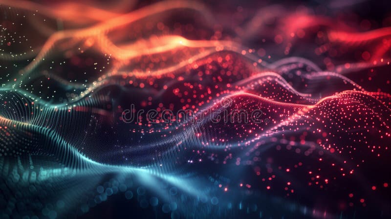 Vibrant digital waves with glowing particles, representing advanced technology or artificial intelligence stock images
