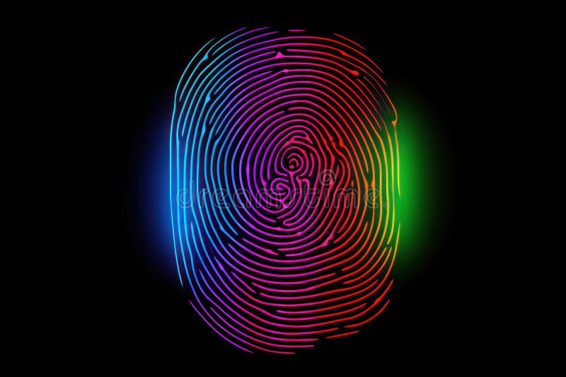 Vibrant fingerprint illustration on black background, representing digital identity cybersecurity royalty free illustration